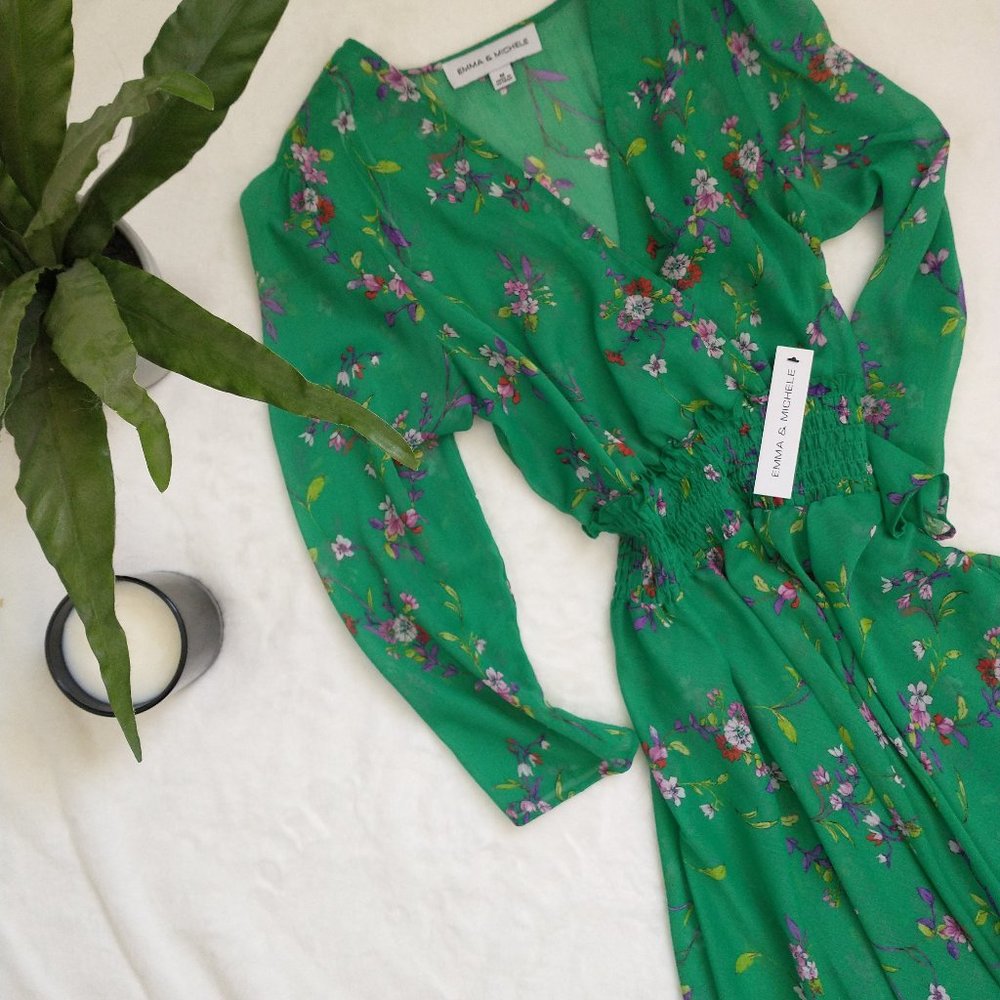 NWT Sheer Emma & Michele Green Floral Flutter Hem Dress - Medium